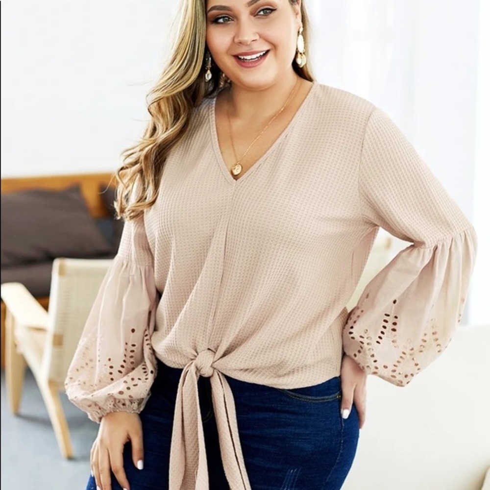 Plus Size White Hollow V-neck Long Sleeves Sweater